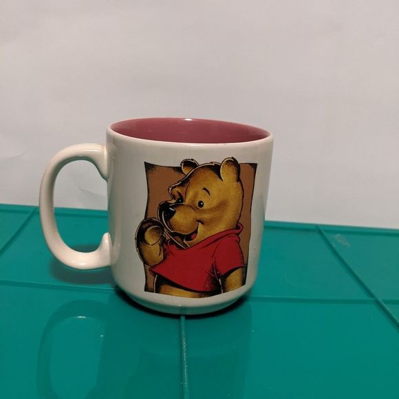 Disney Store Winnie the Pooh Pooh bear Coffee Cup 2 Sided Mug 12 oz pink Inside - Picture 1 of 5